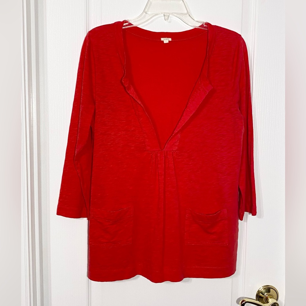 J.Crew Split Neck 3/4 Sleeve Knit Tunic Top Front Pockets Red Size Medium